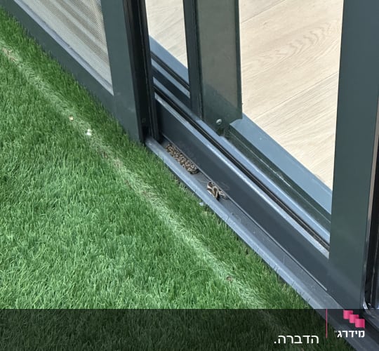 נחש קטן ליד דלת זכוכית על דשא סינתטי