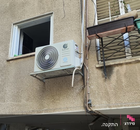 יחידת מיזוג אוויר חיצונית מותקנת על קיר בניין
