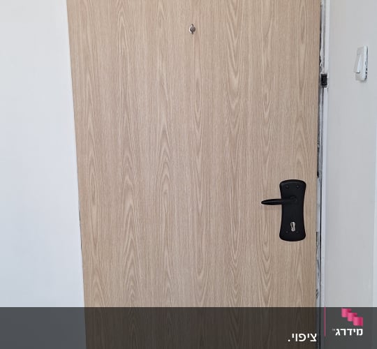דלת עץ עם ידית שחורה על רקע קיר לבן