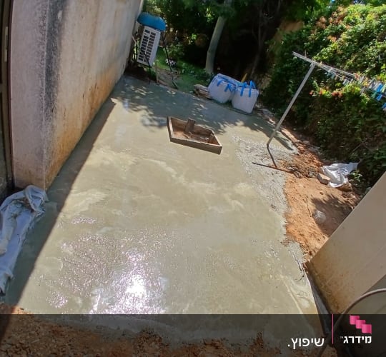 משטח בטון טרי בחצר עם עצים מסביב