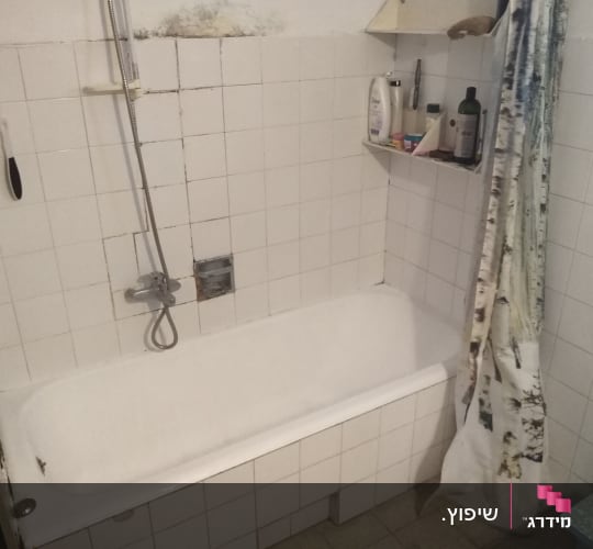 אמבטיה עם אריחים שבורים ועובש על הקיר