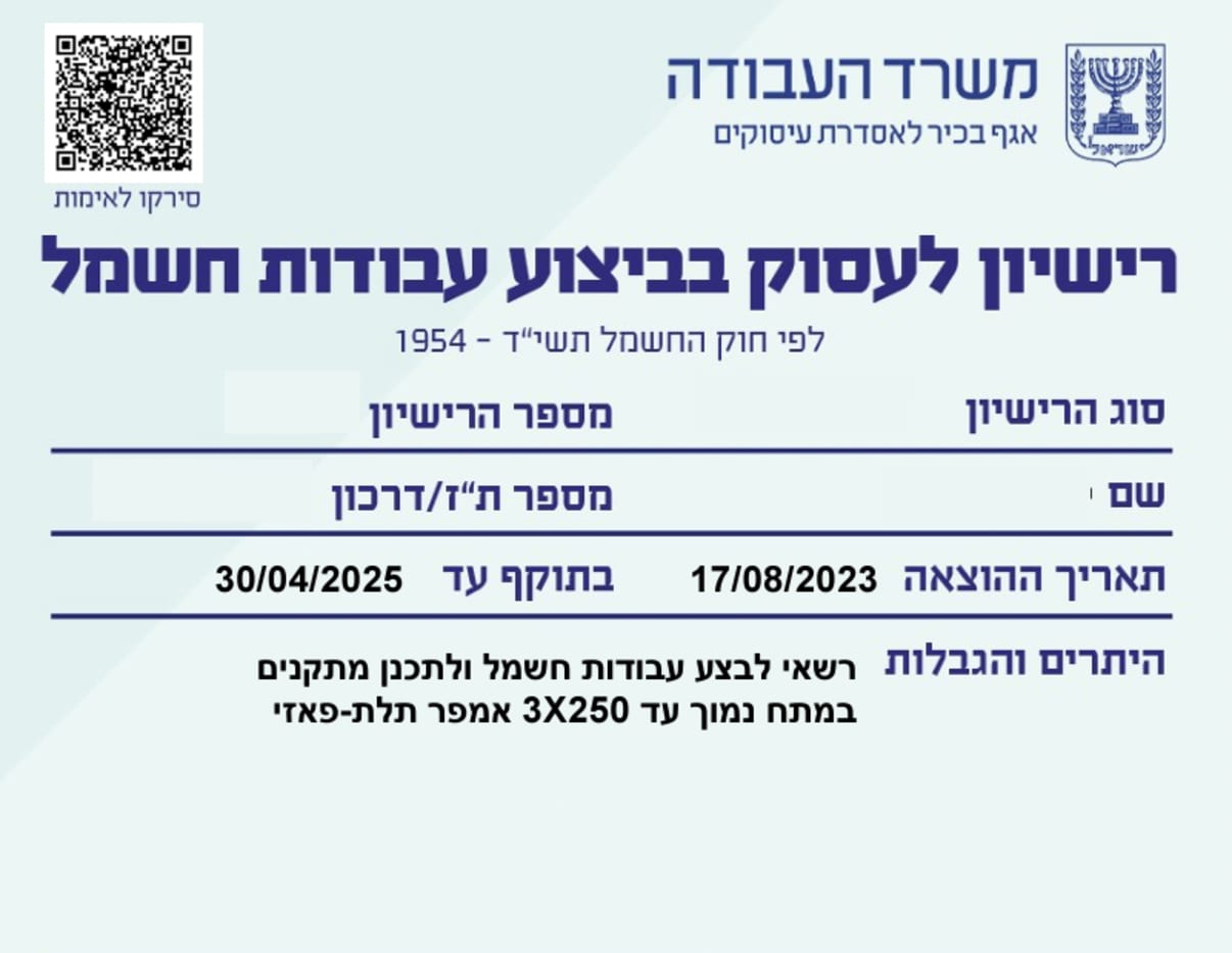 רישיון עסק חשמלאי רישיון עסק חשמלאי