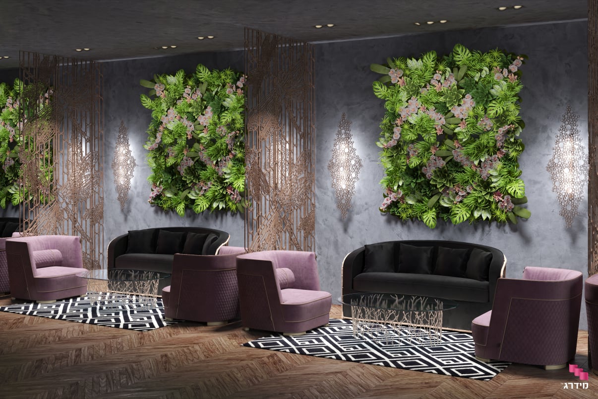 קיר ירוק של צמחיה מלאכותית בלובי מסעדה קיר ירוק של צמחיה מלאכותית בלובי מסעדה