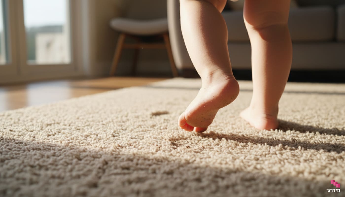 פעוט לפני מקלחת צועד על שטיח