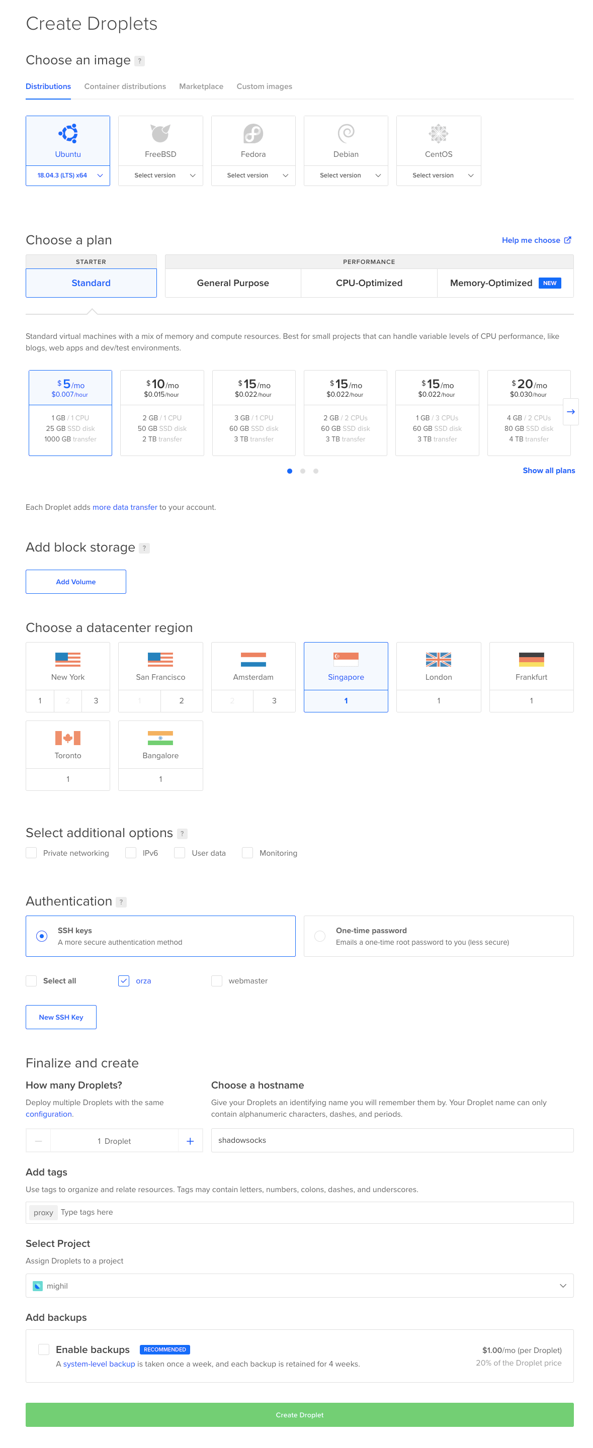 Screenshot showing the creation of a droplet on DigitalOcean.com