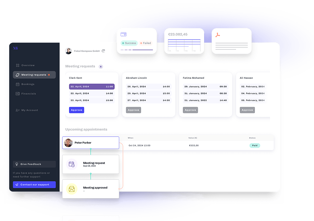 Dashboard Screenshot of a SaaS App, shwoing how client acquisition and management seamlessly goes hand in hand.