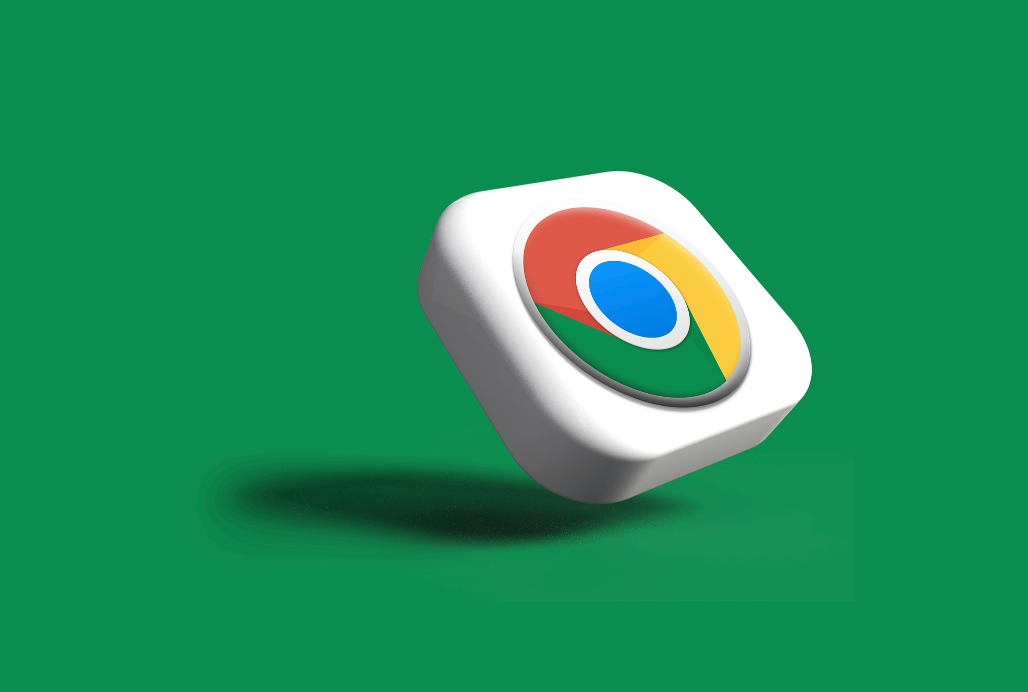 3D Google Chrome logo floating above a green background with a soft shadow.
