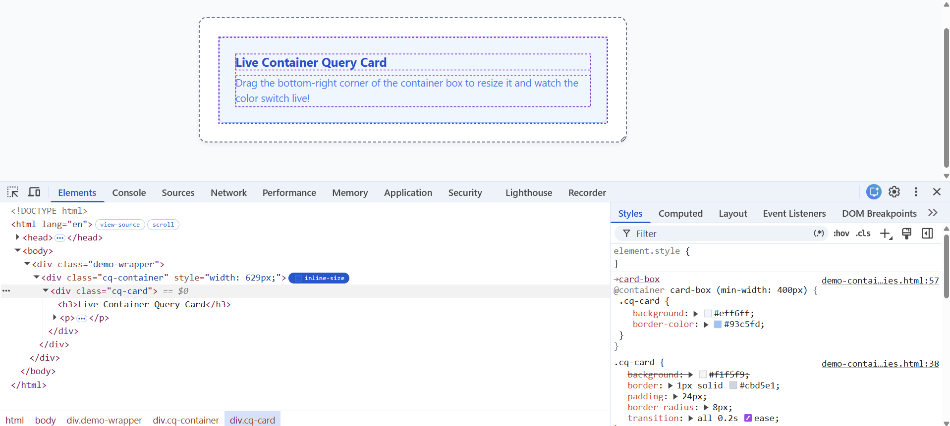 Styles pane showing an editable @container rule condition with inline-size badge and container overlay