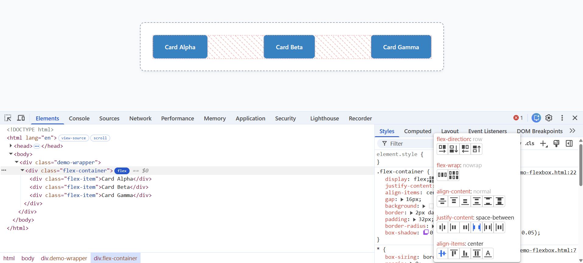 DevTools flexbox visual overlay on page and the interactive flexbox editor open in Styles pane