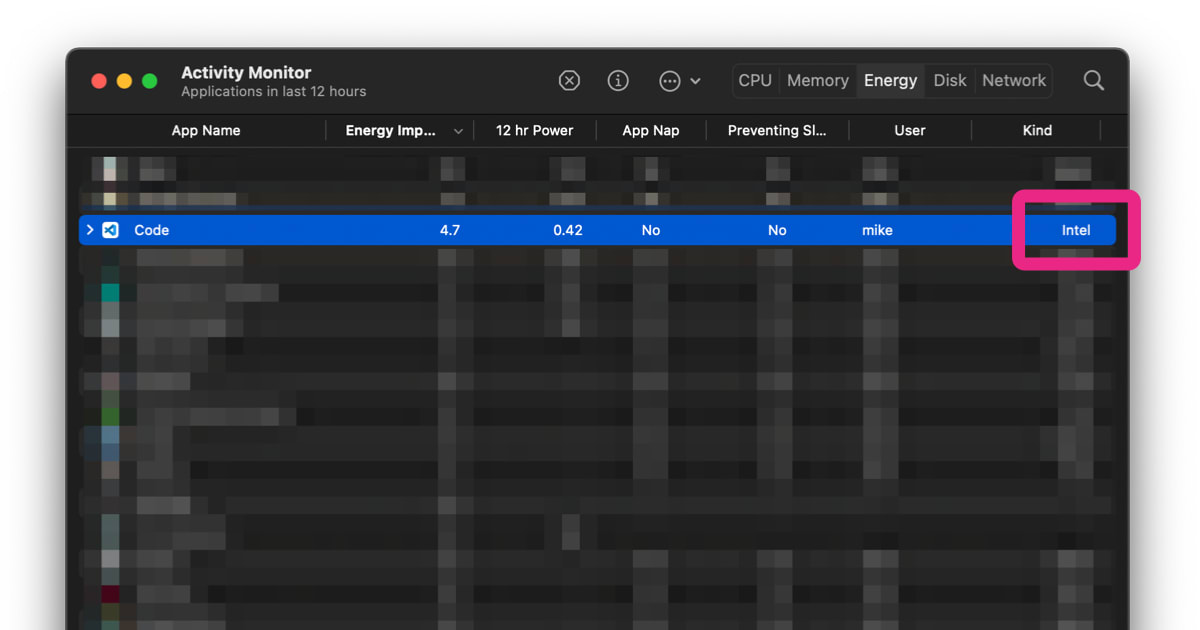 Screenshot of Activity Monitor, with the Visual Studio Code row highlighted, and the 'Kind' column showing 'Intel'