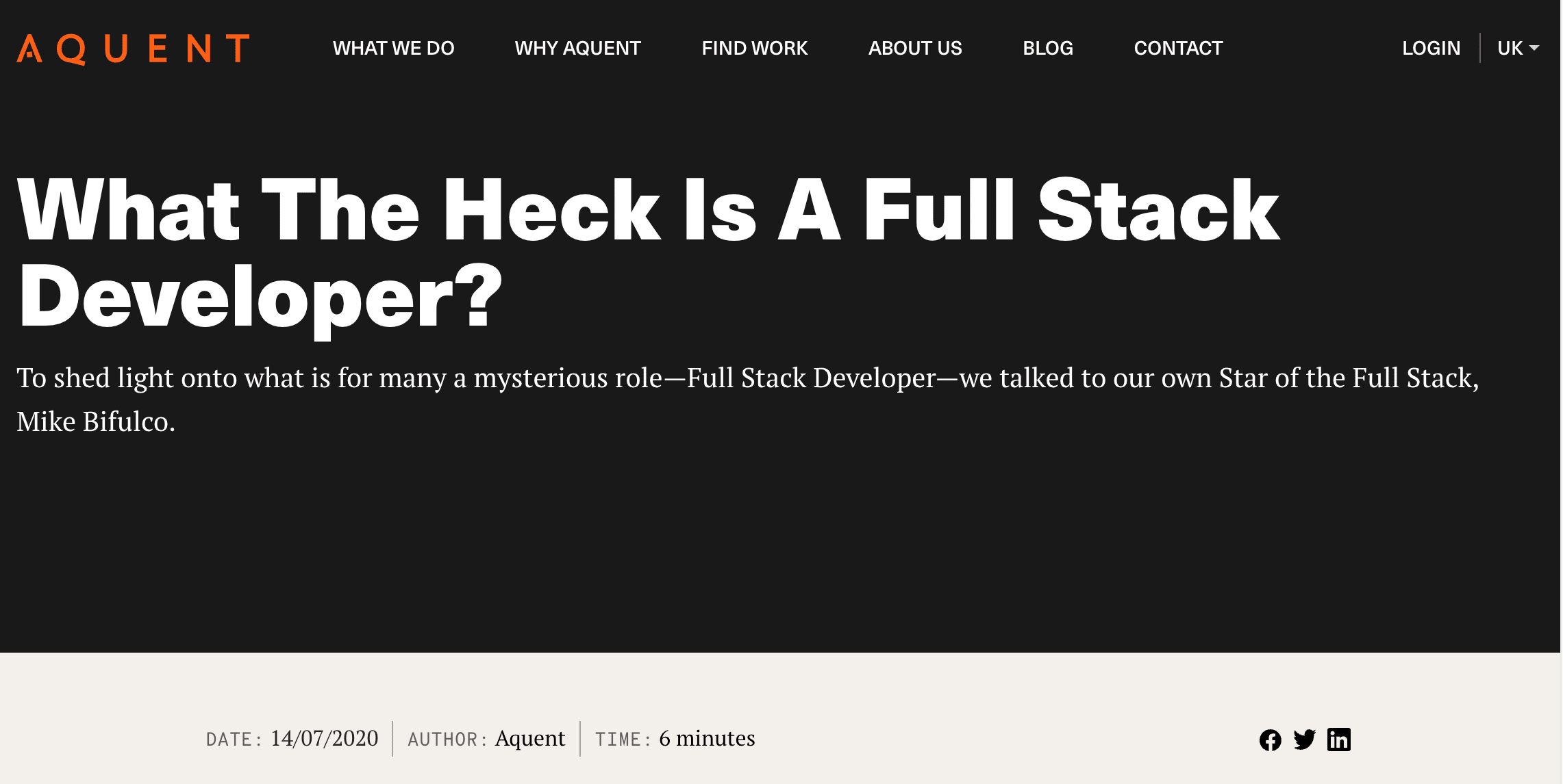 Article screenshot: What the Heck is a Fullstack Developer? Aquent UK blog