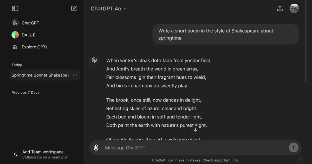 A screenshot of ChatGPT with no design changes made.