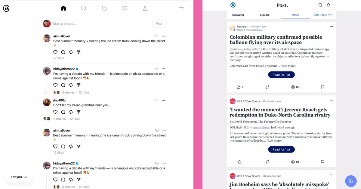 side-by-side comparison of post.news and Threads