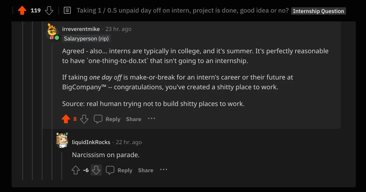 Screenshot from r/computerscience, where I was called a narcissist for suggesting that it's okay for an intern to take a day off from their job