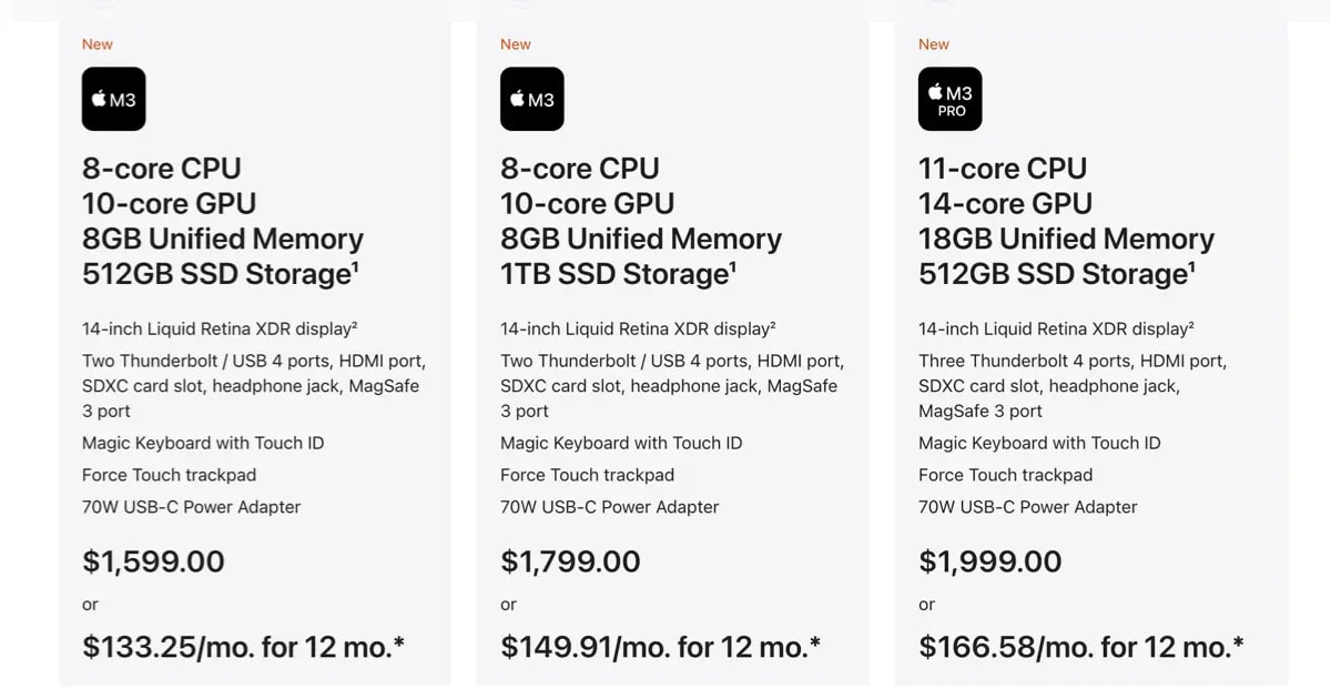 Screenshot of the Macbook Pro pricing page on apple.com