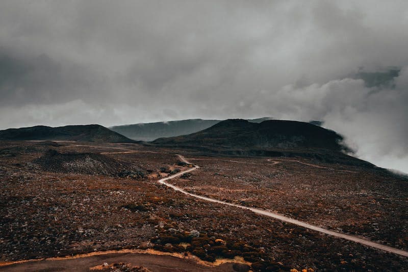 photo of an early morning fog over a hiking trail on the side of a hill