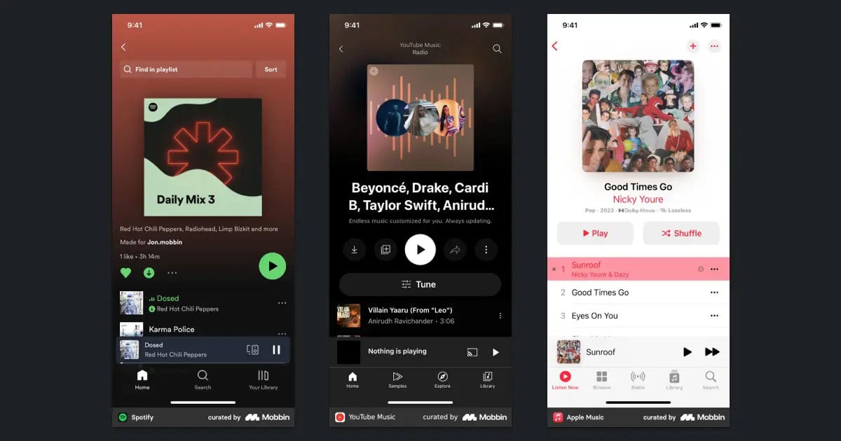 Now Playing screens in Spotify, YouTube Music, and Apple Music