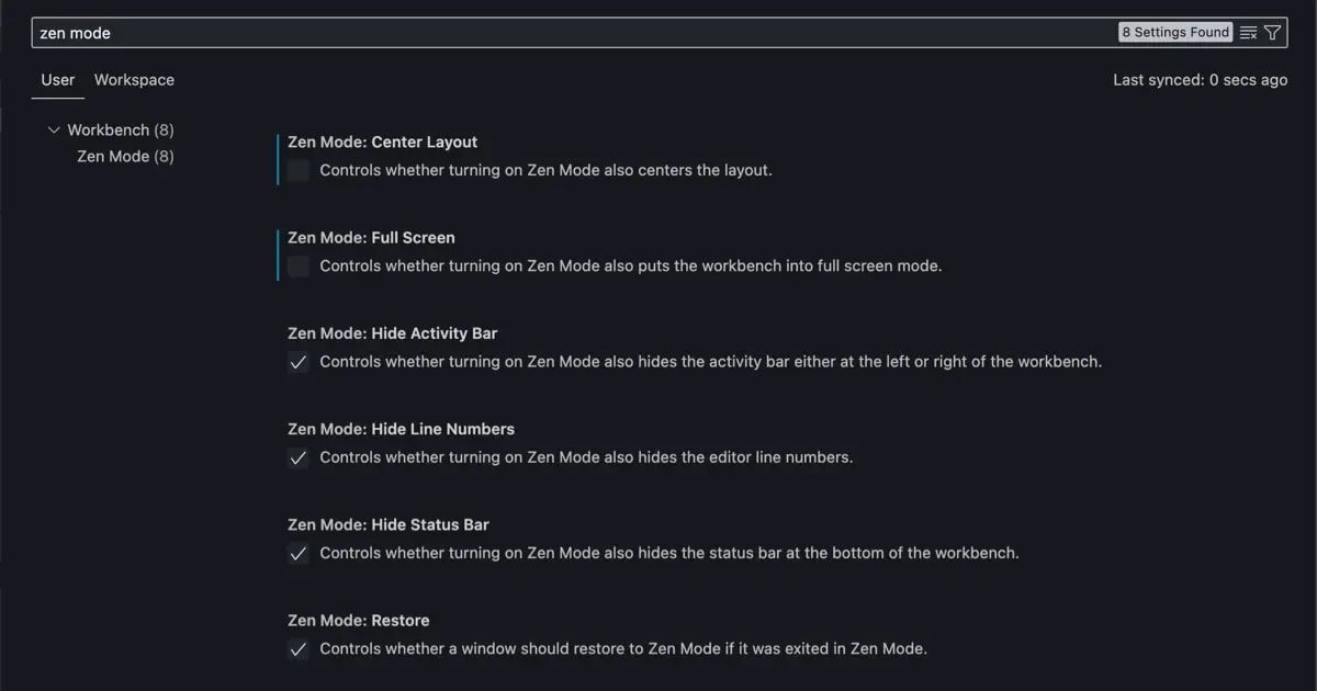Zen Mode settings in VS Code