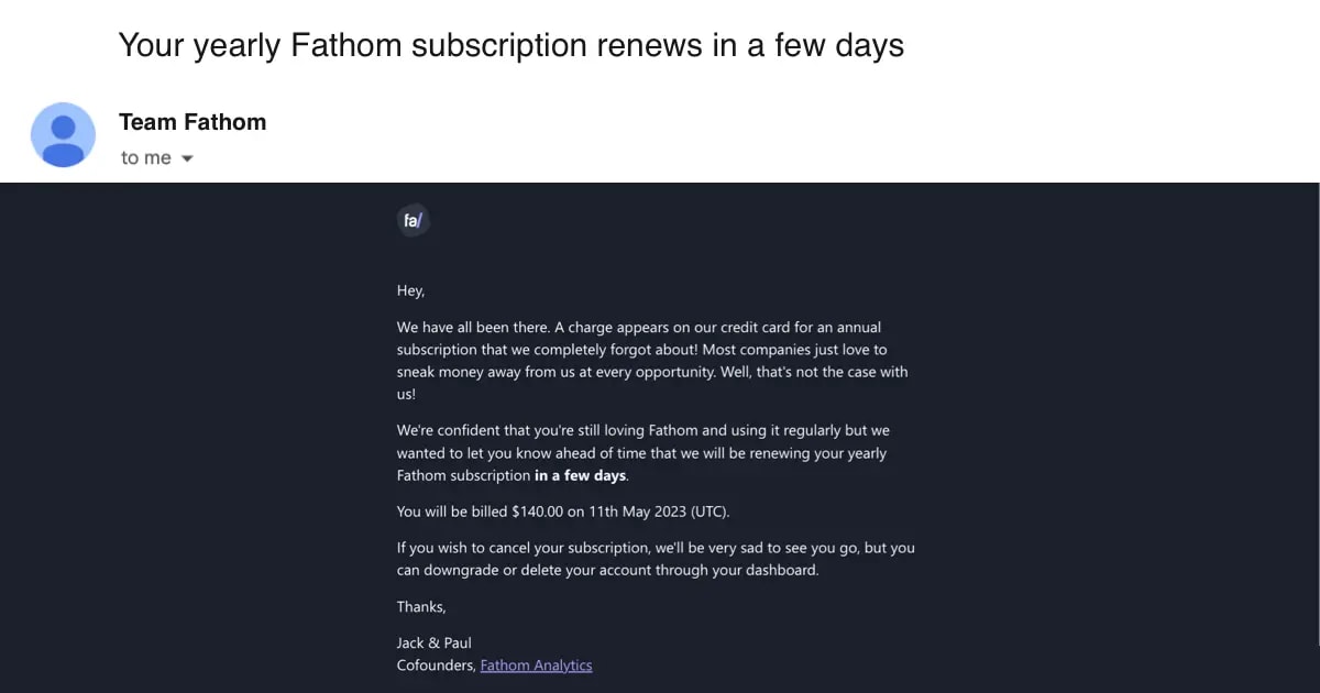 Screenshot of an annual reminder email from Fathom Analytics