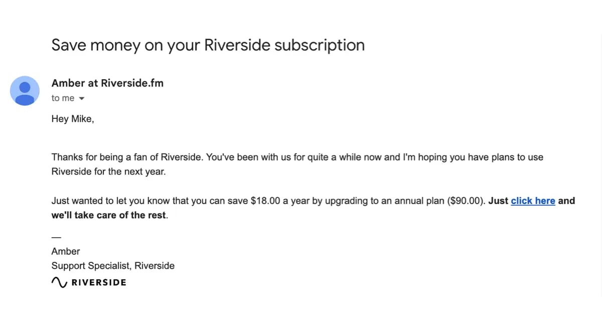 Screenshot of an annual plan upsell email from Riverside FM