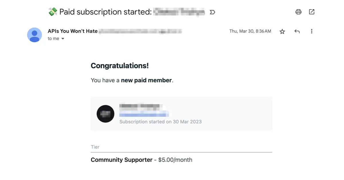 Our first paid subscriber confirmation email