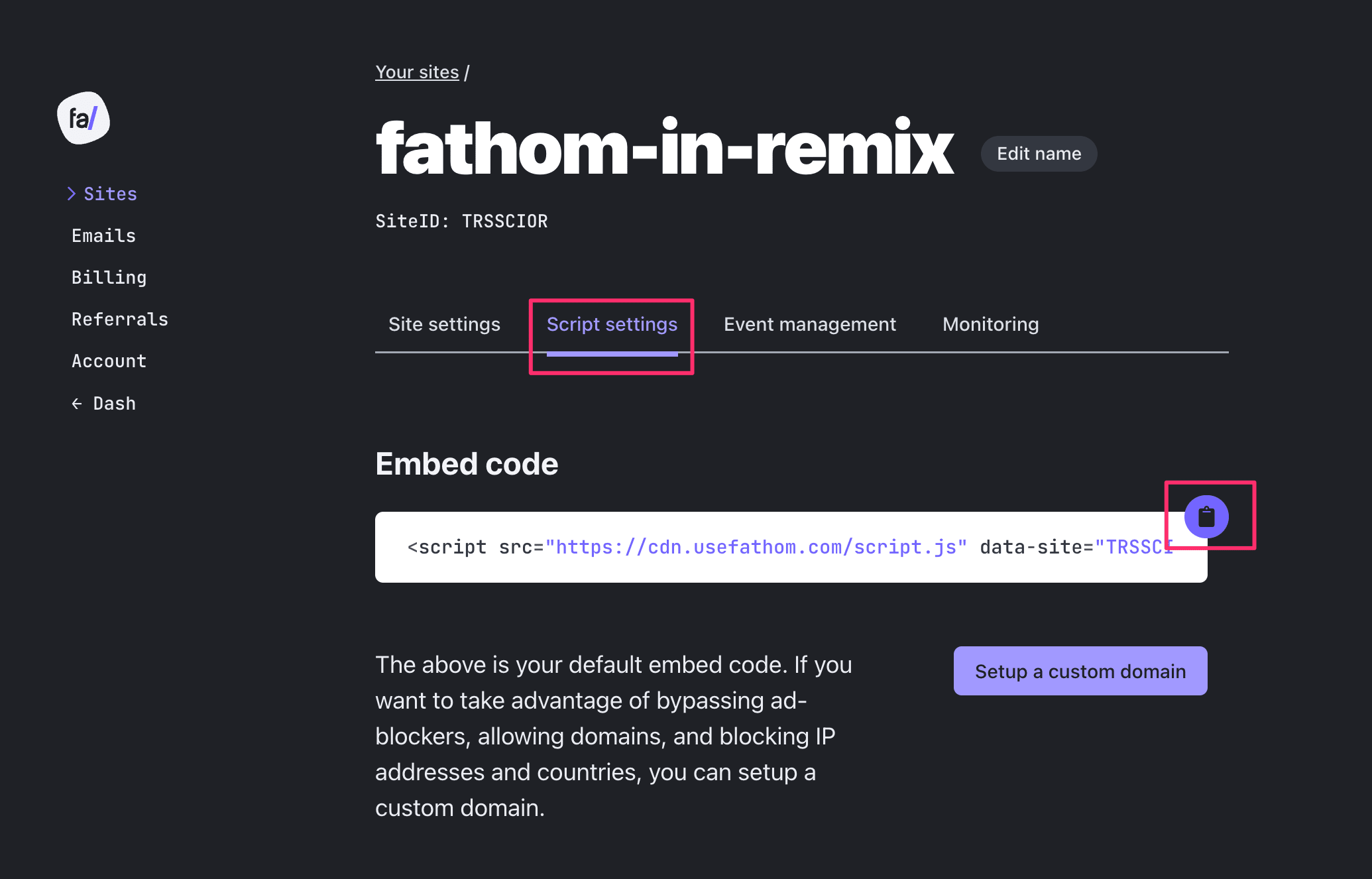 Script settings for one of my sites on Fathom's dashboard