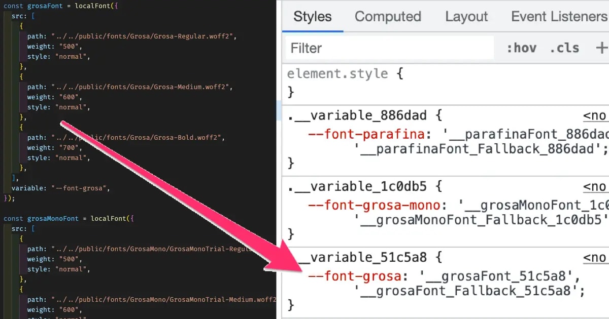 screenshot of chrome browser tools showing the resulting CSS classes