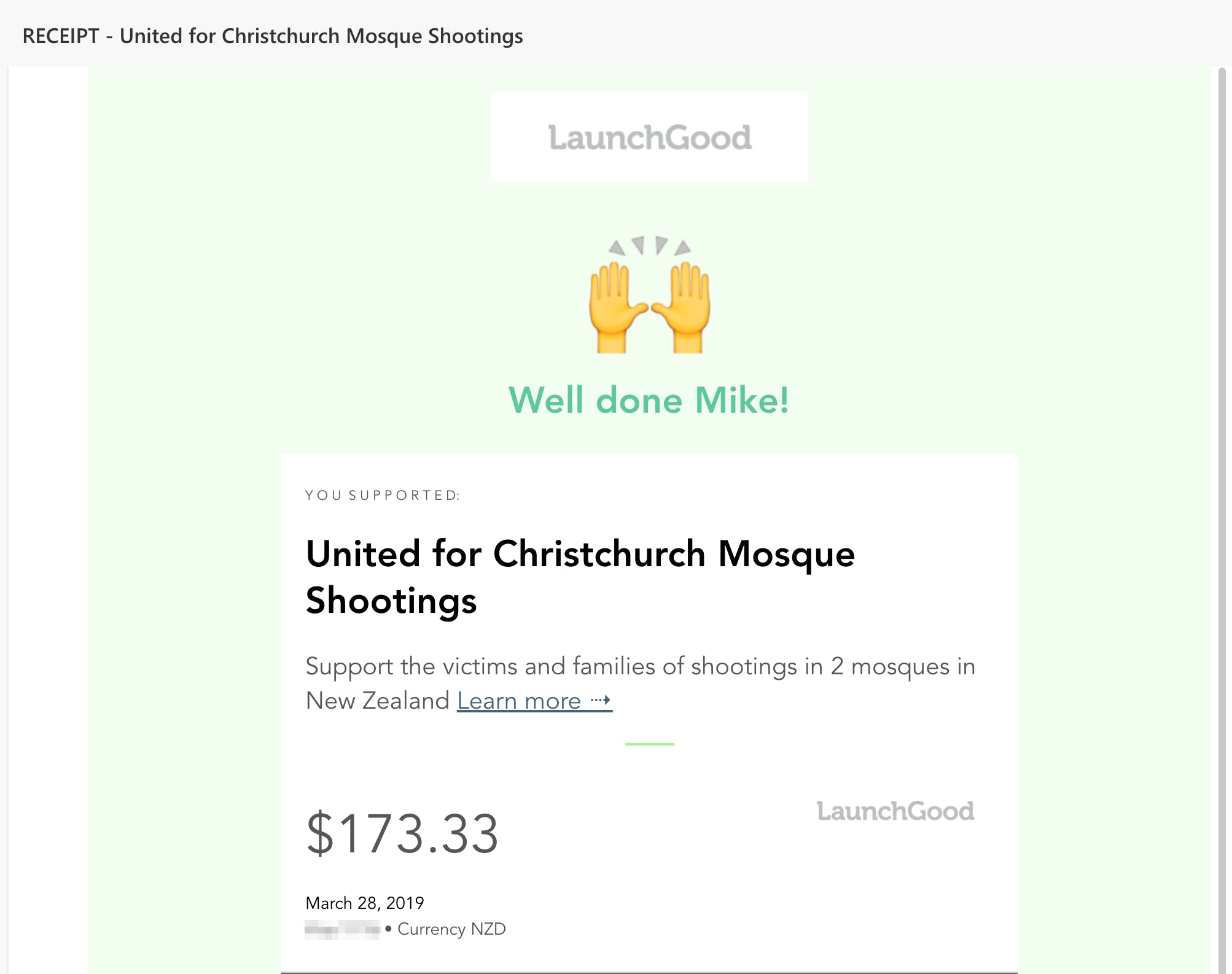 Screenshot of a donation to the Cristchurch Mosque charity for $173.33 USD