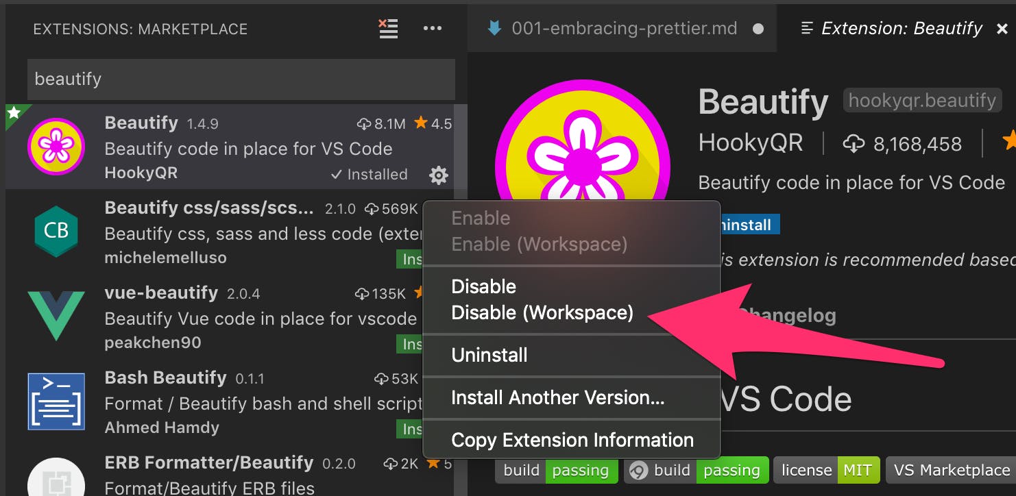 VS Code's extension interface showing the Beautify plugin, with an arrow pointing to the option that says 'Disable (workspace)'