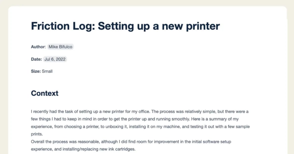 Example context for a friction log about setting up a new printer