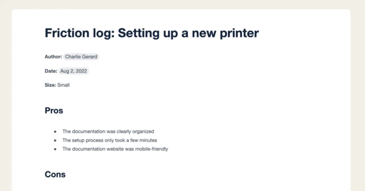 Example pros and cons for a friction log about setting up a new printer