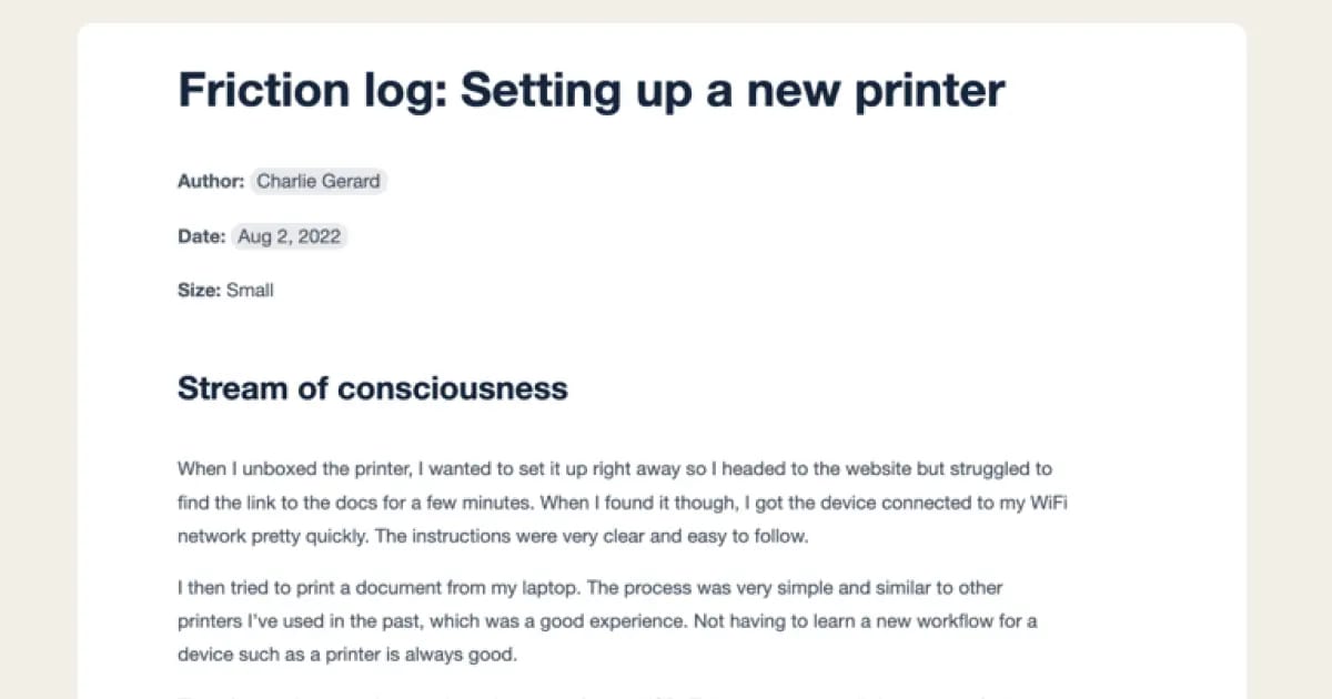 Stream of consciousness example for a friction log about setting up a new printer