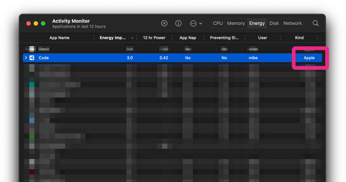 Screenshot of Activity Monitor, with the Visual Studio Code row highlighted, and the 'Kind' column showing 'Intel'