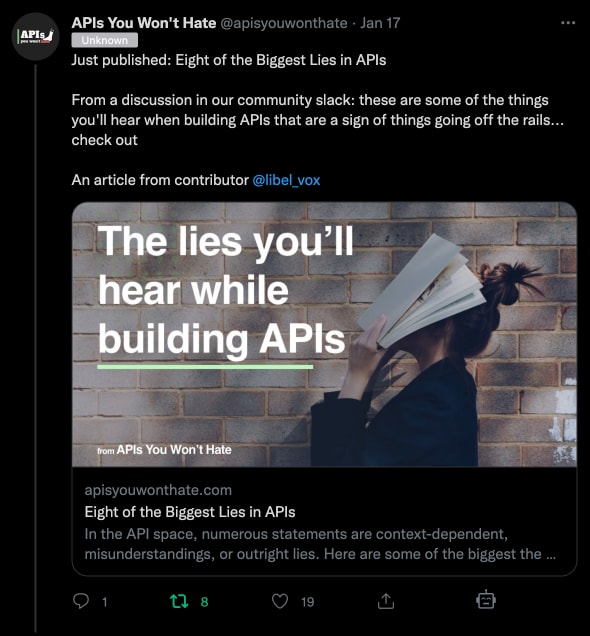 An APIs You Won't Hate article shared on twitter now includes the cover image for the post