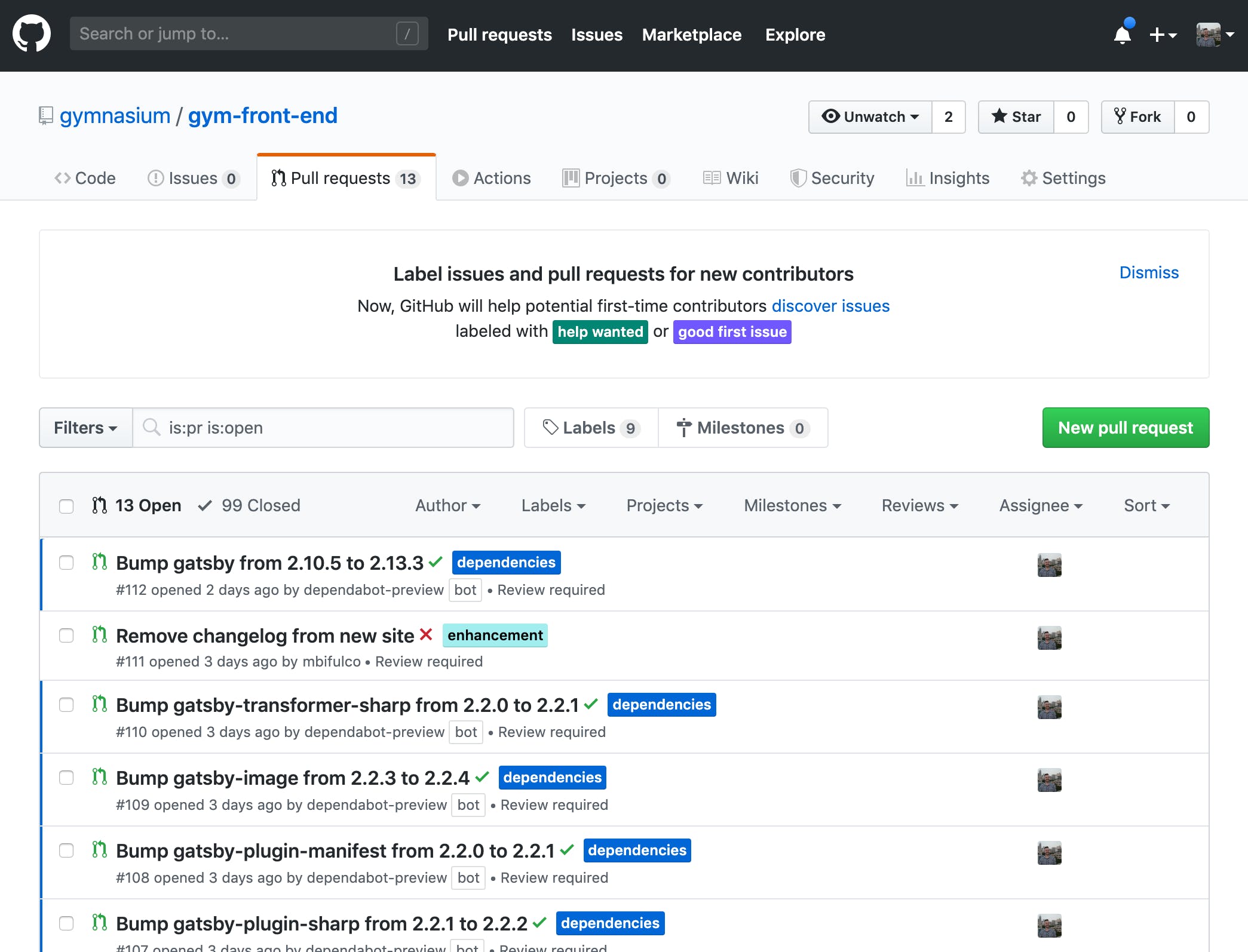 Screenshot from github.com showing a repo with automated Pull Requests, created by dependabot