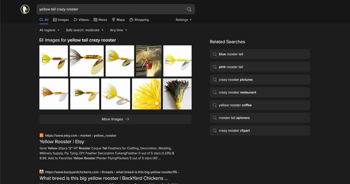 Search results for 'yellow tail crazy rooster' on DuckDuckGo showing nothing relevant