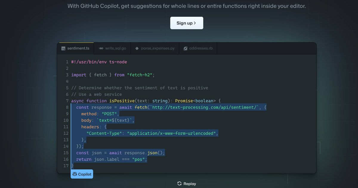 Screenshot from a demo on GitHub Copilot's home page