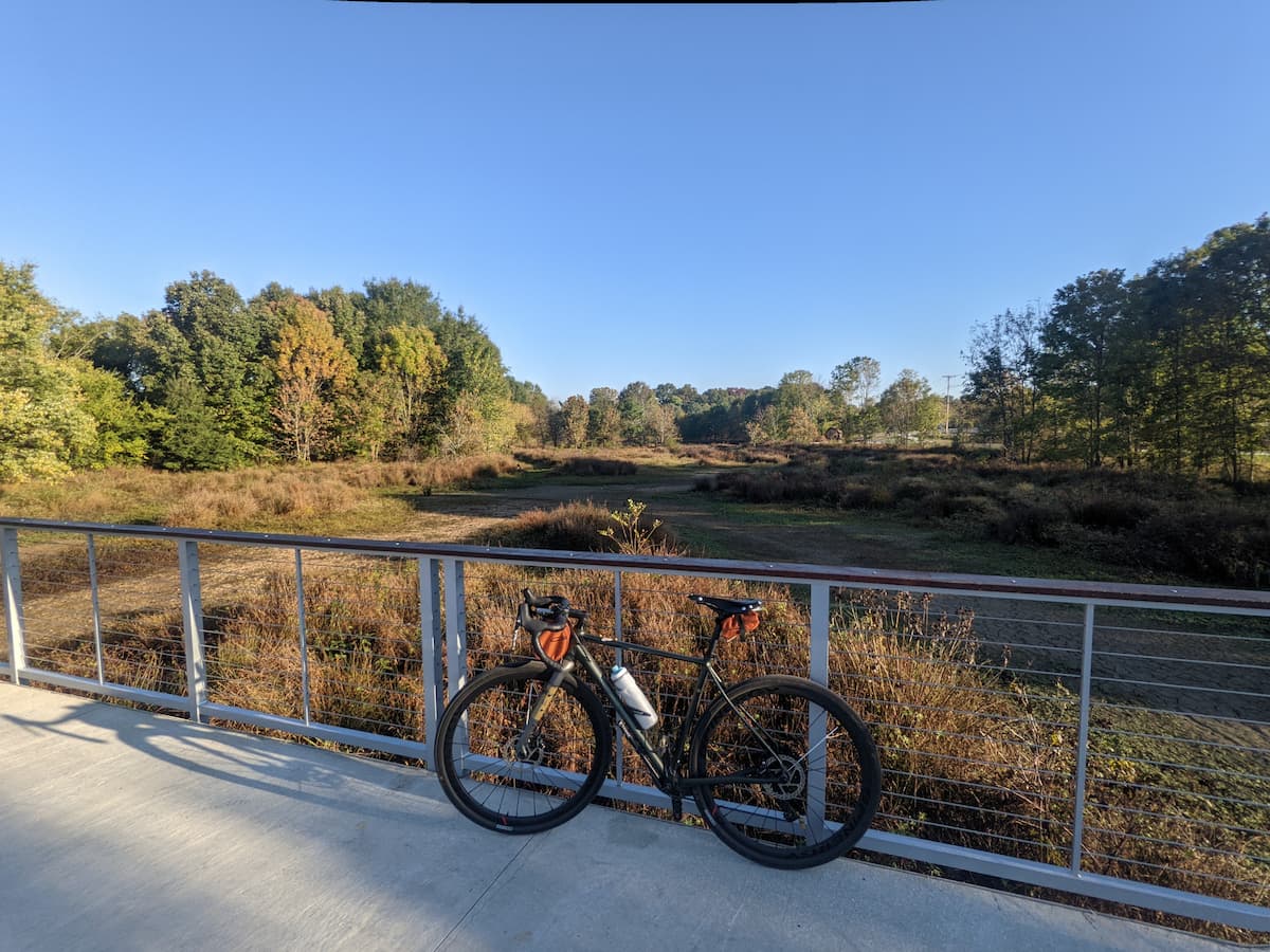 Photo of a bicycle leaning against a fence, with a green riverbed behind it