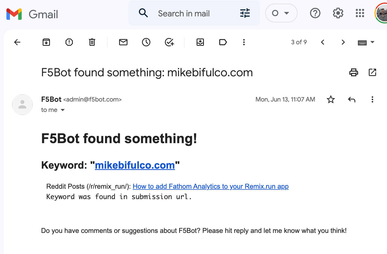 screenshot of a notification from f5bot in my gmail inbox. It's a simple plaintext email with a link to an article on mikebifulco.com that was mentioned on Reddit.