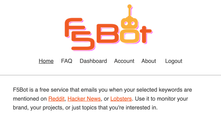 Screenshot of f5bot.com - get an email for when you're mentioned online!