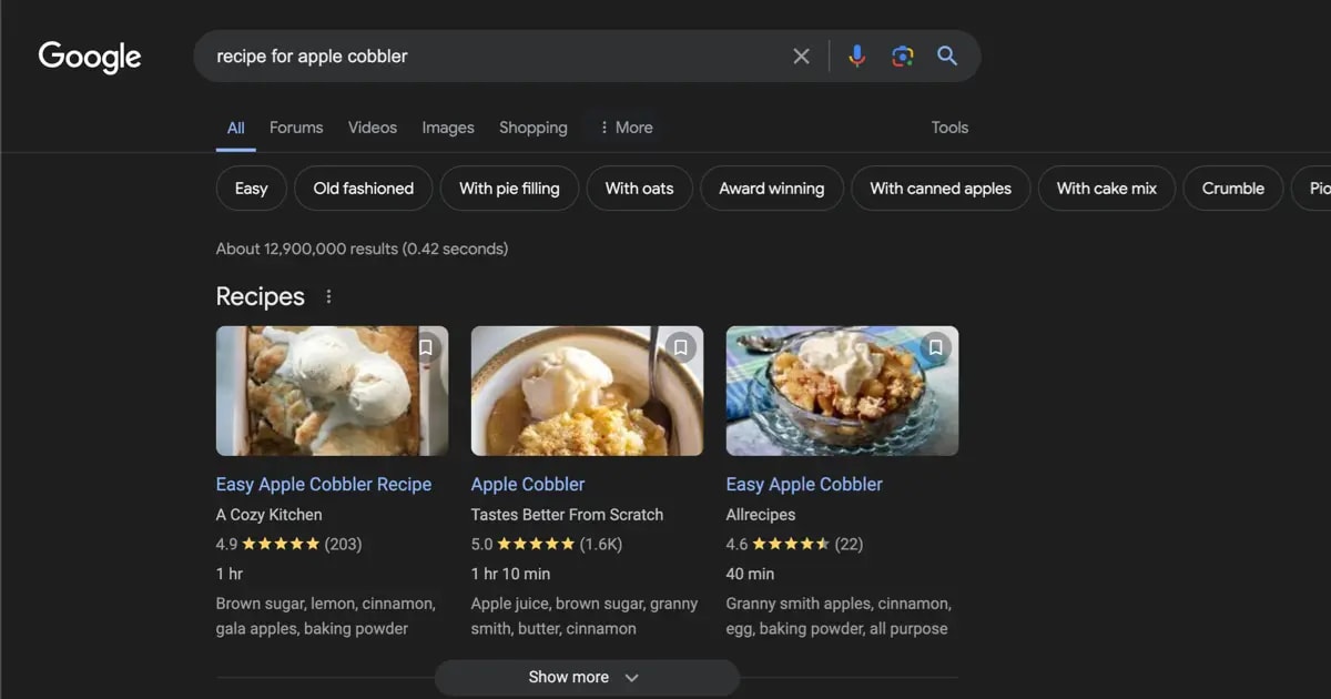 A search result featuring apple cobbler recipes, with a star rating, time to complete, a short ingredients list, and a photo