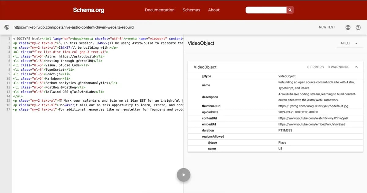 Schema.org's Structured Data Testing Tool showing that my video structured data is valid