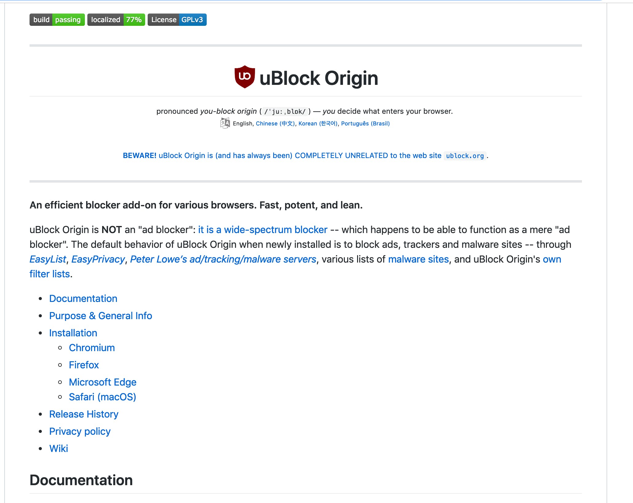 uBlock Origin's README on GitHub
