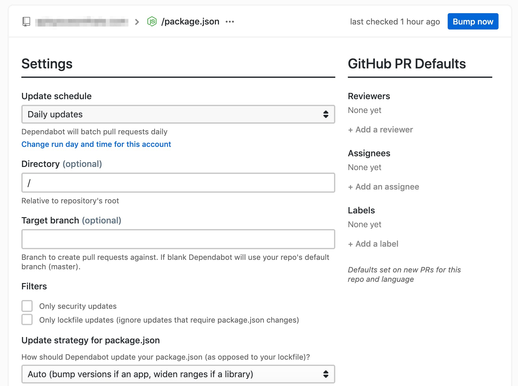 Screenshot of the settings interface for a project on Dependabot.com