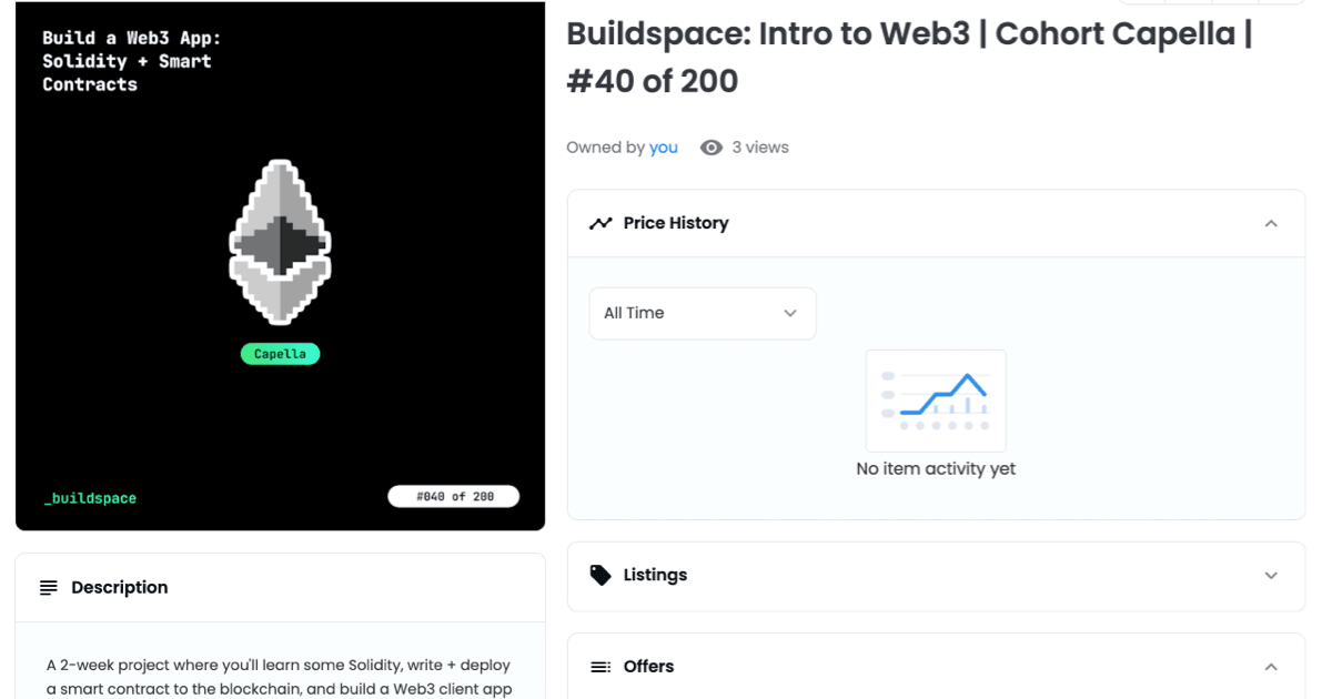 Screencap of my course certificate NFT on Opensea.io