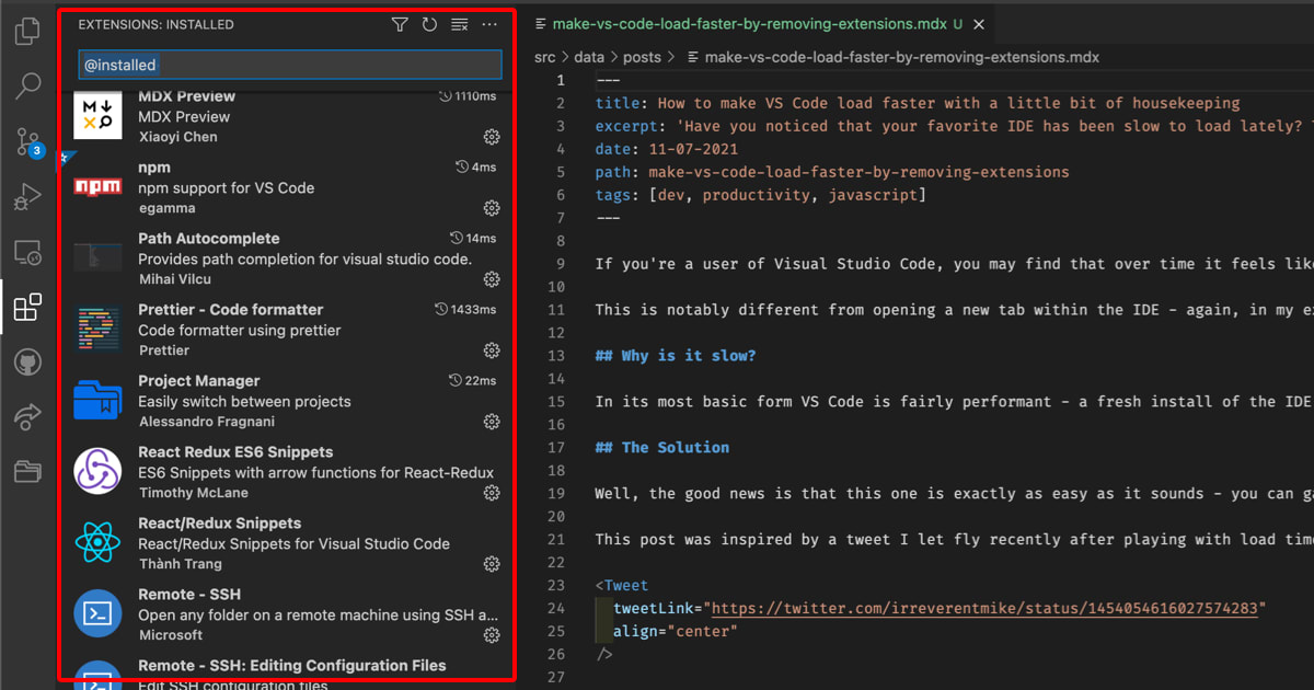VS Code Extensions pane highlighted in red