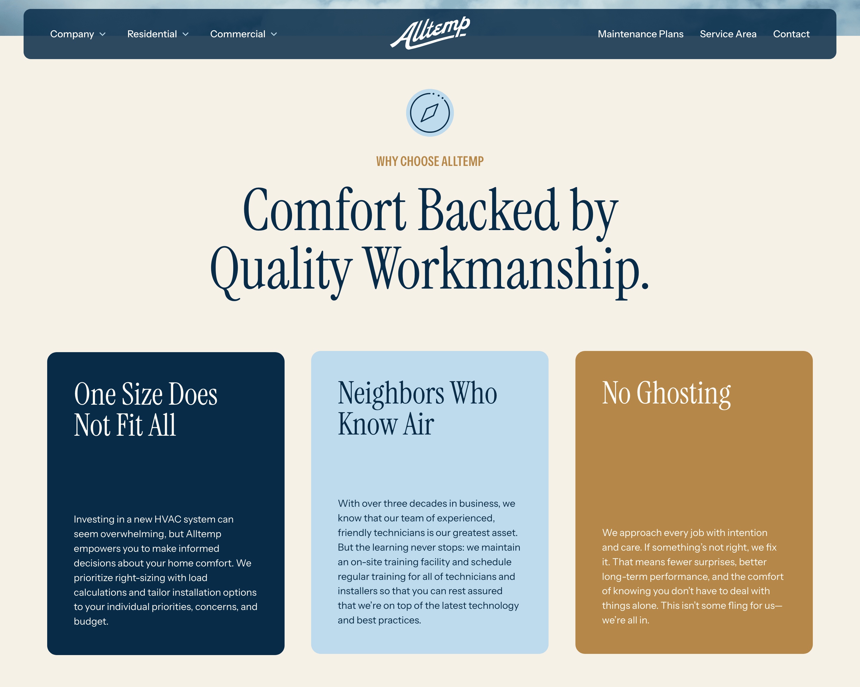 The Alltemp “Why Choose Alltemp” section, headed “Comfort Backed by Quality Workmanship.” above three cards — “One Size Does Not Fit All”, “Neighbors Who Know Air” and “No Ghosting” — each with a paragraph beneath