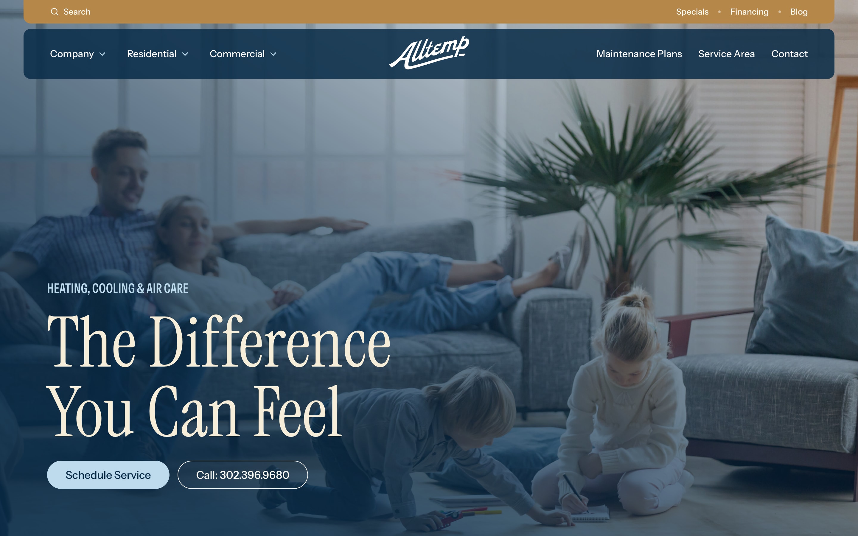 The Alltemp homepage, “The Difference You Can Feel” over a photograph of a family relaxing in a sunlit living room, with buttons to schedule service or call