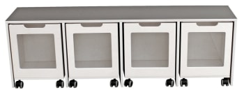 Milas benk m/4 glasskasser på hjul med laminat på topplaten