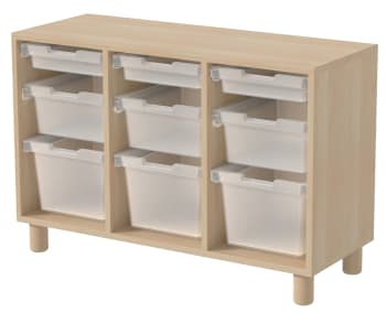 Tavoli åpen reol m/3 x 3 plastkasser, laminert kryssfiner